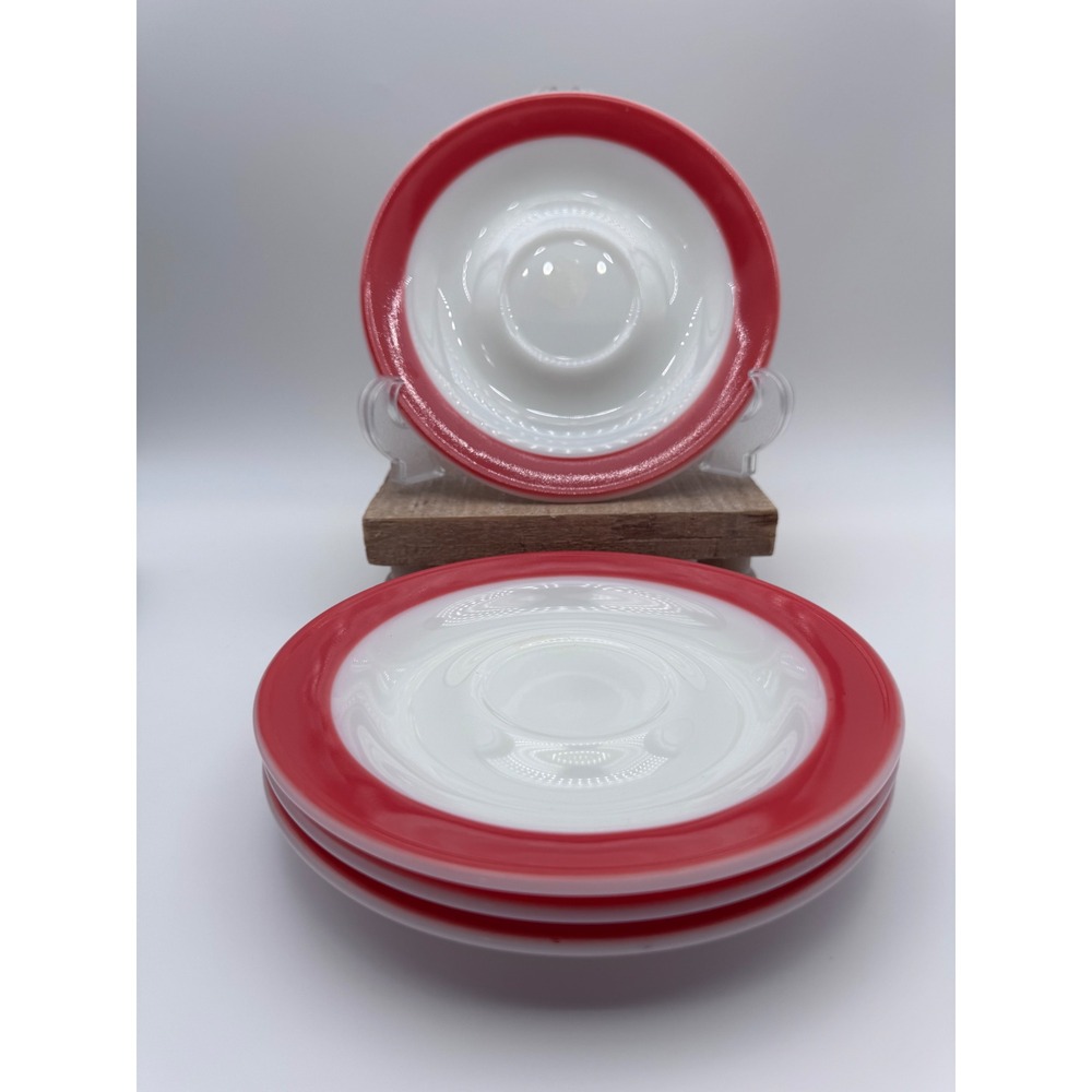 Vintage Pyrex Milk Glass Red Band‎ Saucers Set of 4 White Opal Glass 6 Inch